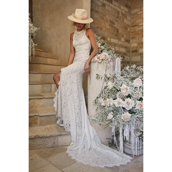Lulus Small White Lace Sleeveless Bridal Gown With Open Back & Train NEW - Picture 1 of 12